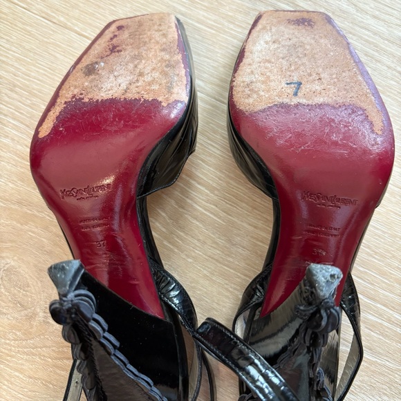 Vintage YSL Yves Saint Laurent Patent Leather Peep Toe Platform Heels Black - Picture 15 of 15